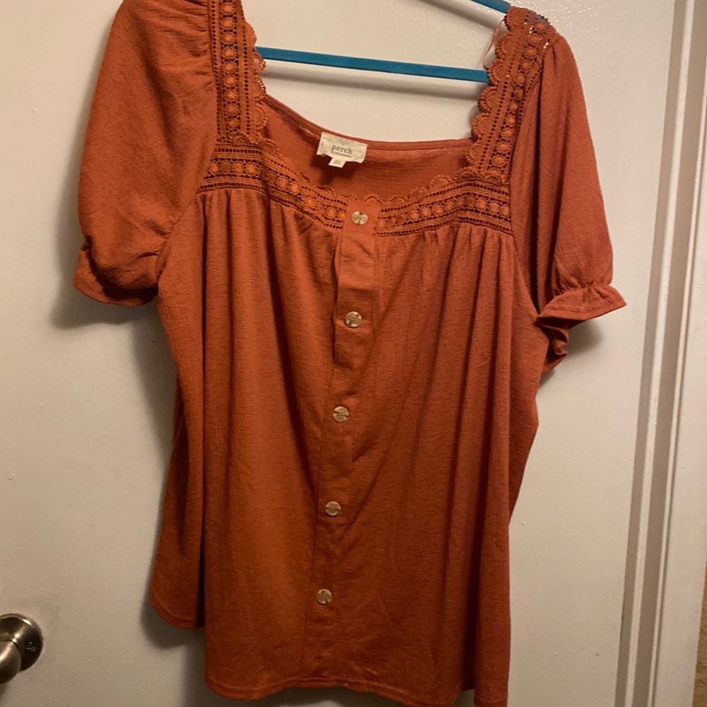 Pretty top. The color is like a burnt orange or rust.